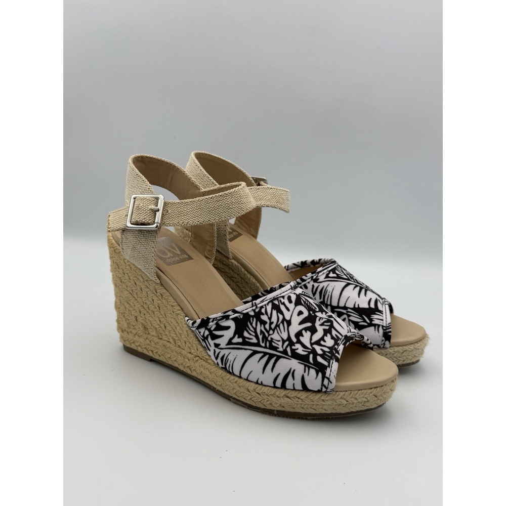 DV Dolce Vita Black White Tropical Espadrille Wedge Sandals Ankle Strap Sz 6